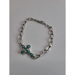 Silver Tone Blue Bracelet Cabochon Cross Bracelet Paperclip Chain Western Boho